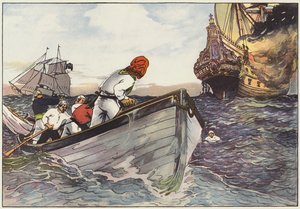 När de rodde på säkert avstånd låg piraterna till och såg med en djävulsk förtjusning hur lågorna hoppade ?