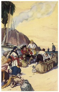 Piraten Henry Morgan delar skatten med Maracaibo-illustrationen från "The Pirates of Panama or the Buccaneers of America" av George Albert Williams (1875-1932) 1914