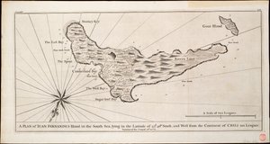 En plan över ön Iuan Fernandes i Söderhavet, belägen på latitud 33d. 40 m. söderut och västerut från kontinenten Chili 110 mil, ca 1750 (gravyr) av George Anson