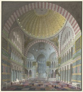 Interiör av Hagia Sofia med knästående och stående turkar av George Antoine Prosper Marilhat