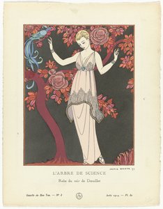 Gazette du Bon Ton 1914, nr 8, pl 80: Vetenskapens träd / Doeuillets aftonklänning (titel på objektet)