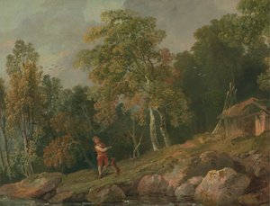 Skogbevuxen landskap med en pojke och hans hund
