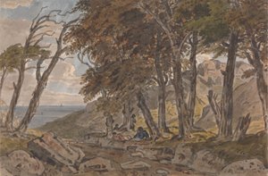 Figurer på stranden av en trädbevuxen gränd, med havet i avstånd till vänster av George Barret Jr.