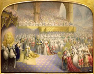 Hennes nådigaste majestät drottning Victoria (1819-1901) tar emot sakramentet vid sin kröning den 28 juni 1838.