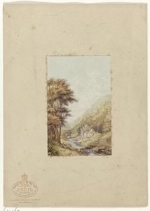 Kuperat landskap med en bäck Water Mill on the Wye (titel på objekt) av George Baxter