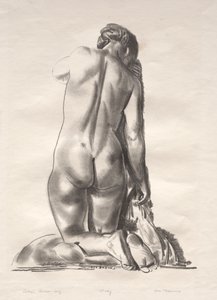 Nakenstudie, kvinna knäböjande på en kudde av George Bellows