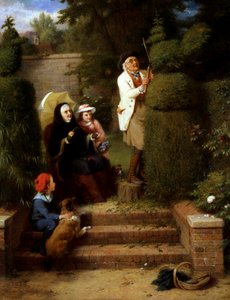 I trädgården. I trädgården: en mormor och hennes två små barn tittar på när deras morfar beskär en djurbuske i trädgården. Målning av George Bernard O`Neill (1828-1917 brittisk) Privat samling