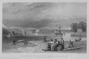 Plymouth Sound, St Nicholas Island, etc från Mount Edgecumbe (gravyr)