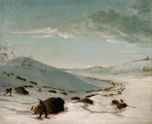 Buffalo Chase på vintern, indianer på snöskor av George Catlin