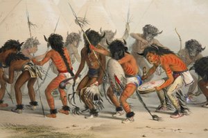 Buffalo Dance detalj, pub. 1845 färglitografi. av George Catlin