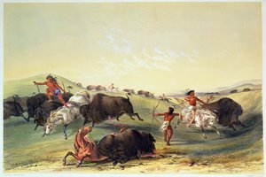 Buffalo Hunt, tallrik 7 från Catlins North American Indian Collection, graverad av McGahey, Day och Haghe