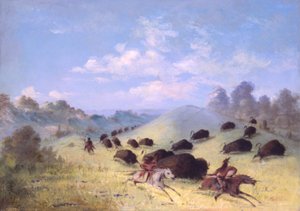 Comanche-indianer som jagar buffel med lansar och pilbågar, 1846-1848. av George Catlin