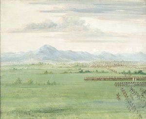 Comanche-krigare, med vit flagga, tar emot dragonerna av George Catlin