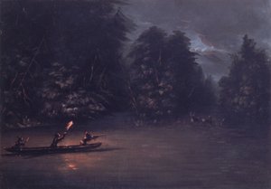 Rådjursjakt med fackelljus i barkkanoter, 1846-1848. av George Catlin