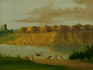 Hidatsa Village, jordtäckta loger, vid Knife River, 1810 Miles ovanför St. Louis, 1832. av George Catlin