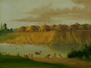 Hidatsa Village, jordtäckta loger, vid Knife River, 1810 miles ovanför St. av George Catlin
