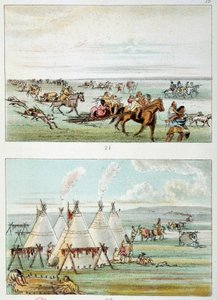 Indians of America: (överst) stam som rör sig med skinn till salu. (Nedre) stam på 500 till 600 tipi. Illustration av George Catlin (1794-1872) av George Catlin