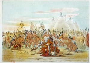 Indians of America: Assiniboin-stam som liknar Sioux-dansande pipdans. Illustration av George Catlin (1794-1872) av George Catlin