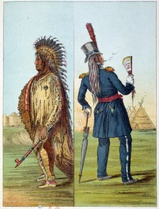 Indians of America: Indisk assiniboine-veterinär i militär i fickorna två flaskor whisky. Illustration av George Catlin (1794-1872) av George Catlin