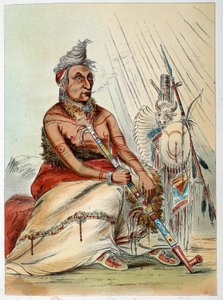Indians of America: Porträtt av en gammal indisk kock som röker sin pipa som heter The Black Mocassin. Illustration av George Catlin (1794-1872) av George Catlin