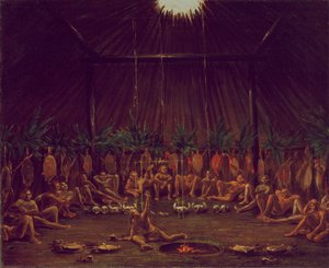 Interiörvy av Medicine Lodge, Mandan O-kee-pa-ceremoni av George Catlin