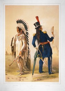 Wi-Jun-Jon (Ljuset) (Assiniboin) på väg till och på väg tillbaka från Washington (handkolorerad litografi) av George Catlin