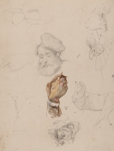 En sida med studier (penna, wc och gouache på papper) av George Cattermole