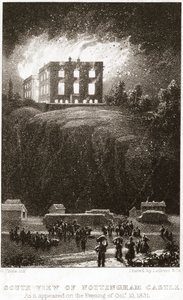 Nottingham Castle i brand, sett från söder, 1831 av George Childs