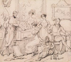 En familjegrupp runt ett piano av George Chinnery