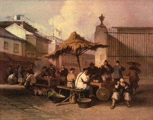 En grupp kineser som äter utanför kyrkan i San Domingo av George Chinnery