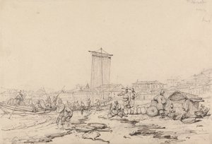 Kustscen med fiskare och byggnader, Macao av George Chinnery