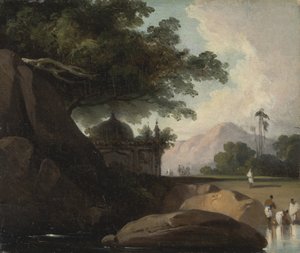 Indiskt landskap med tempel av George Chinnery