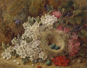 Ett fågelbo och blommar på en mossig bank (olja)