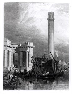 The Shot Tower och Waterloo Bridge, graverade av G. Cooke av George Clarkson (after) Stanfield