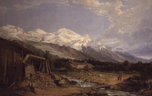 Alpinlandskap med figurer vid en fjällbäck