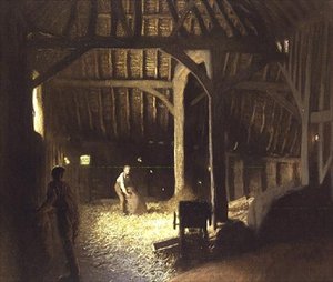Ladugårdsinredning med arbetande pojkar av George Clausen
