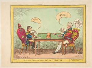 A Game of Cribbage eller Boneys Last Shuffle, 6 juni 1814. av George Cruikshank