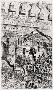 En malthusiansk syn på framtidens överfulla London, England, efter Thomas Malthus skrifter av George Cruikshank