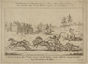 En bonde som bär av en fransk kanon in i det ryska lägret medan fienden hade lämnat det för att plundra i byn, publicerad 8 juni 1813 av George Cruikshank