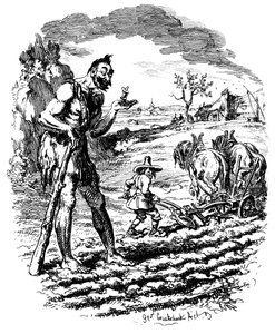 En jätte står på en åker när en bonde plöjer, 1800-talet. av George Cruikshank