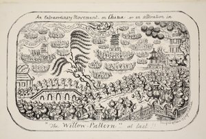 En extraordinär rörelse om Kina - eller - en förändring i "The Willow Pattern" äntligen!!, pub. 1853 av George Cruikshank