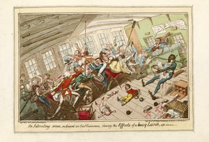 En intressant scen ombord på en ostindiefarare, som visar effekterna av en kraftig slagsida, pub.1818 (färgad etsning) av George Cruikshank