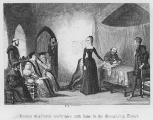 Biskop Gardiner konferens med Jane, i Beauchamp Tower (gravyr) av George Cruikshank
