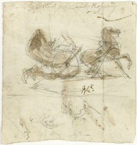Karikatyr av sig själv (recto); Hytt kastad av en häst, med andra skisser (verso) av George Cruikshank