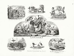 Tecknade serier av George Cruikshank på temat överdimensionerade damhuvar (gravyr) av George Cruikshank