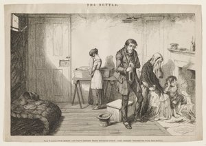 Kyla, elände och nöd förstör deras yngsta barn: De tröstar sig med flaskan. av George Cruikshank