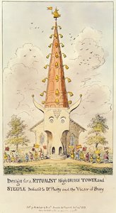 Design för ett ritualistiskt högkyrkligt torn och torn, tillägnat Dr. Pusey and the Vicar of Bray, 1868 (tryck) av George Cruikshank