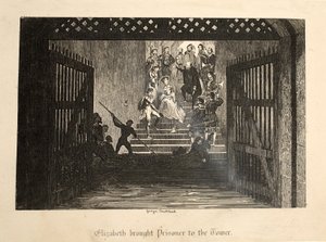 Elizabeth tog med fången till Towern, från The Tower of London, pub. 1840 av George Cruikshank