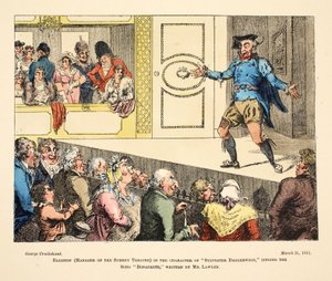 Elliston (chef för Surrey Theatre) i karaktären "Sylvester Daggerwood" som sjunger låten "Bonaparte", skriven av Mr Lawler, pub. 1811 (handfärgad gravyr) av George Cruikshank