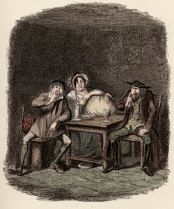 Fagin gör affärer med Morris Bolter, aka Noe Claypole, och Charlotte - The Jew och Morris Bolter börjar förstå varandra - Illustration för "" Oliver Twist"" (Olivier) (The Adventures of Oliver Twist) av Charles Dickens (1812-1870) ), av George av George Cruikshank